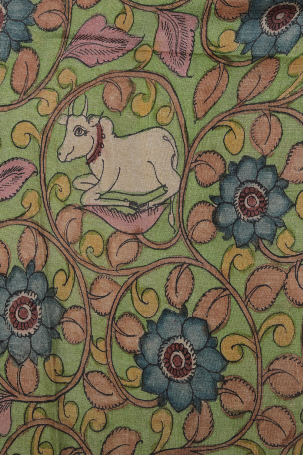 Image of Tussar Kalamkari Hand-Painted Green Saree